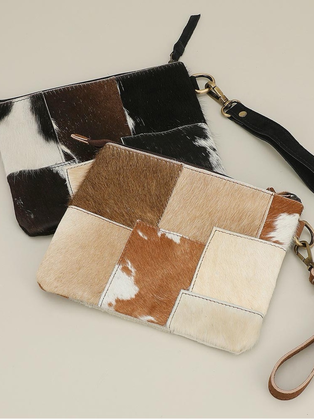 Patchwork Cowhide Wristlet Clutch - Brown & Cream